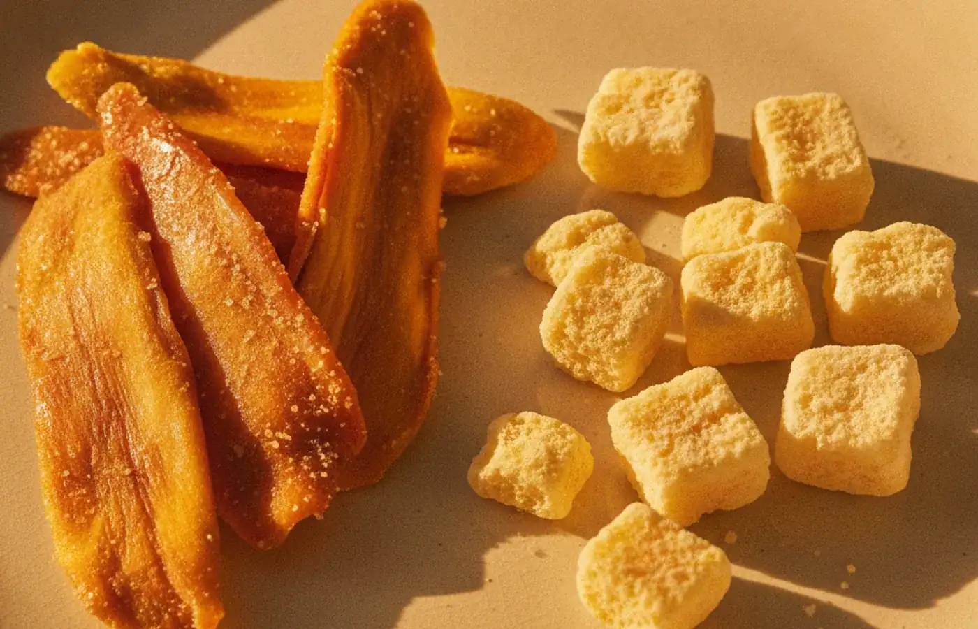 Chewy soft-dried mango strips beside light crisp freeze-dried mango cubes in warm golden light — KHAMACO dried mango range.