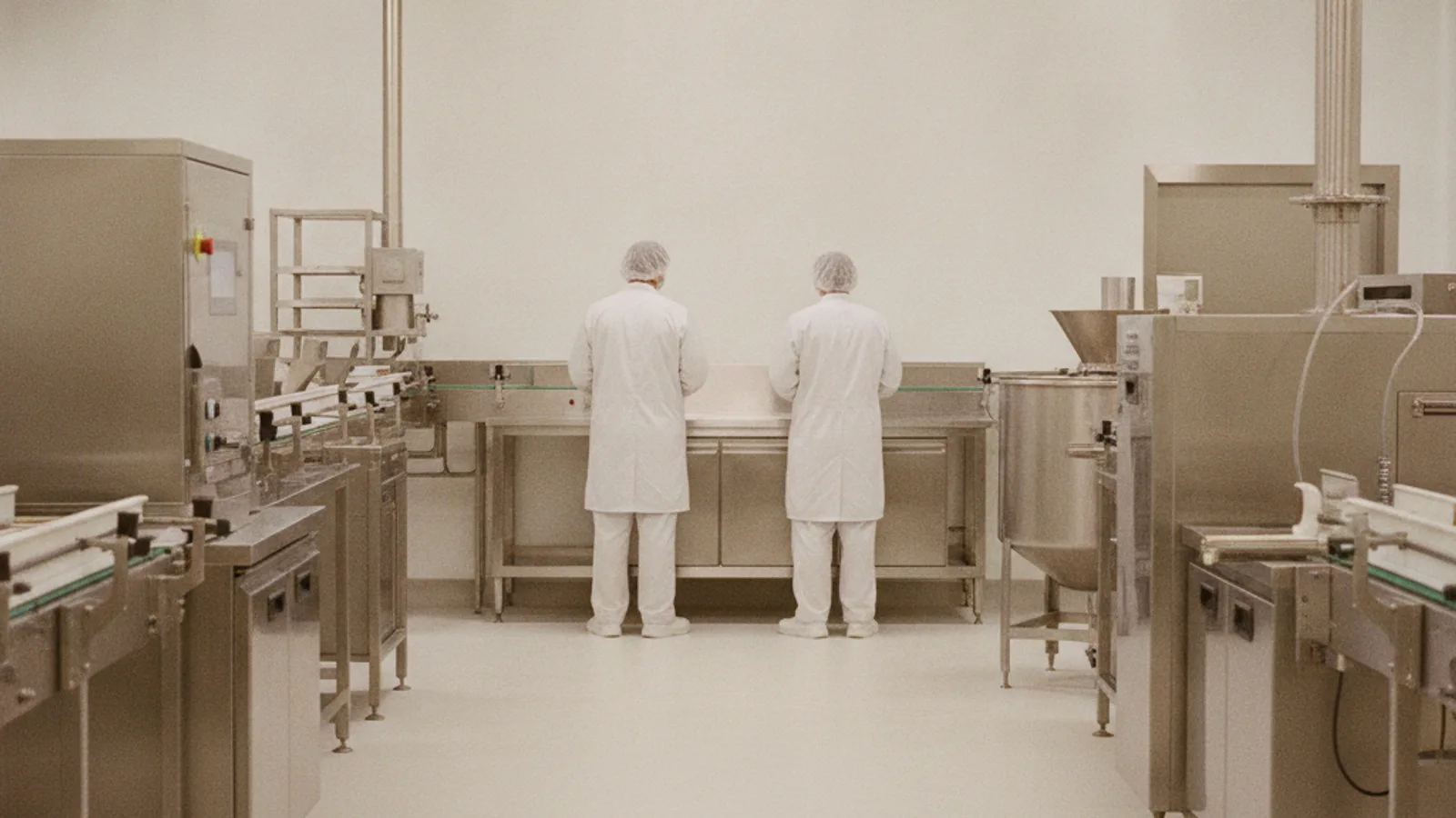 Two workers in full hygiene PPE at a stainless-steel food-processing line inside a KHAMACO facility.