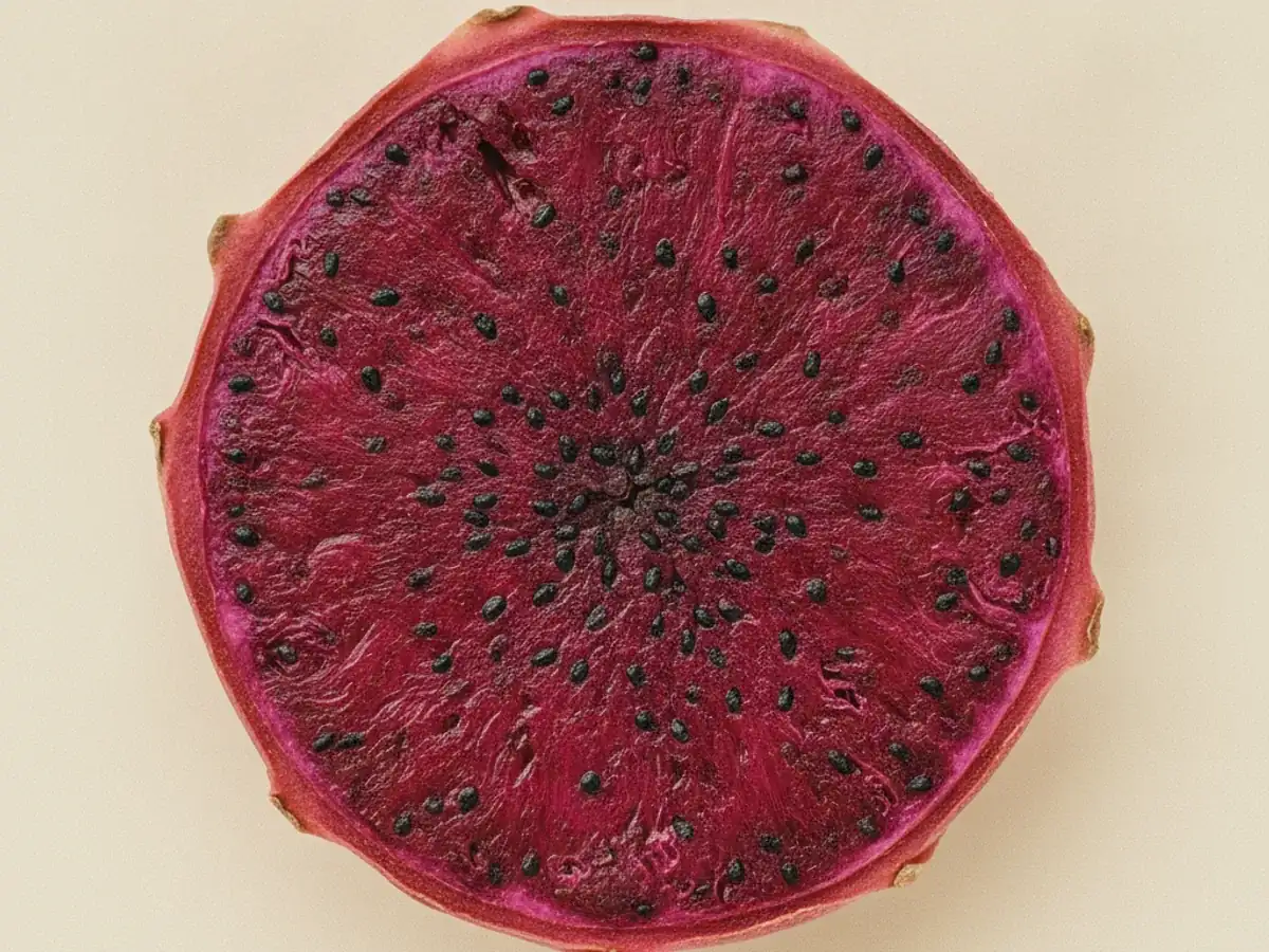 Freeze-dried red dragon fruit cross-section showing vivid magenta flesh and black seeds — KHAMACO freeze-dried range.