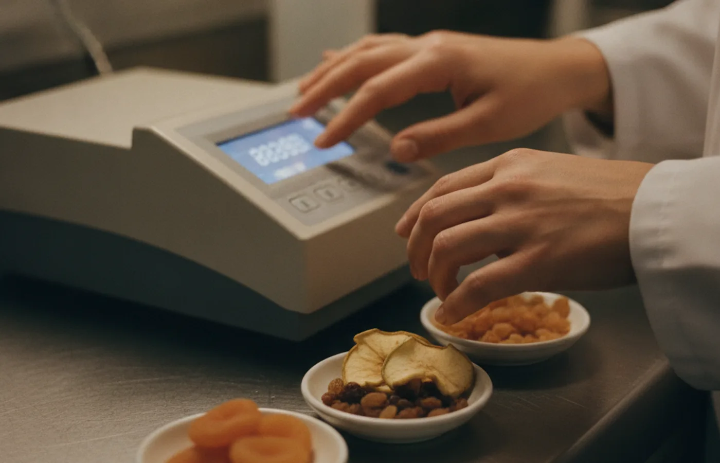 A technician's hands operate a moisture analyzer beside dried-fruit sample dishes in KHAMACO's quality lab.