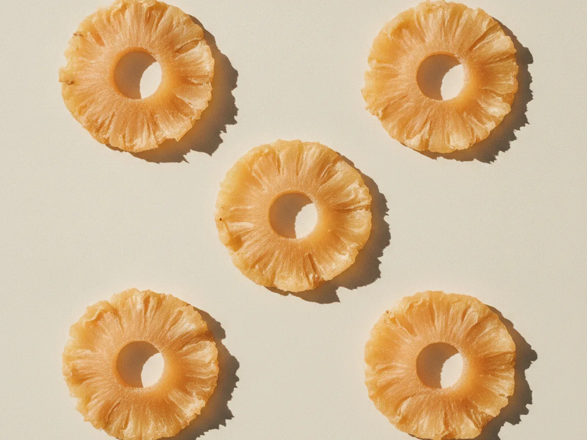 Soft-dried golden pineapple rings arranged top-down on a clean bone-cream surface — KHAMACO soft-dried range.