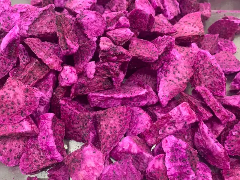 Pile of magenta freeze-dried red dragon fruit chunks.