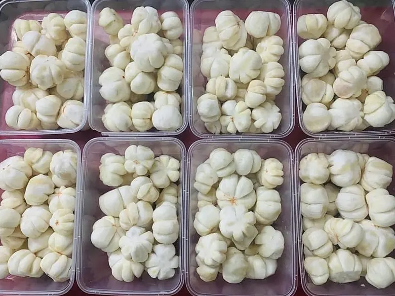 Eight clear plastic retail trays each filled with whole freeze-dried mangosteen.