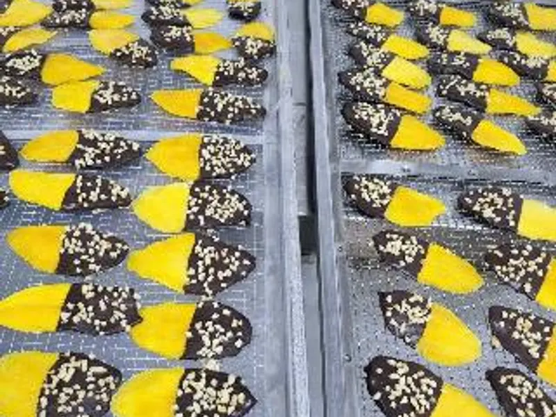 Two large trays in a rack filled with chocolate-dipped mango pieces topped with nuts.