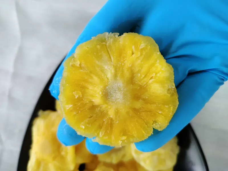Close-up of a gloved hand holding a large soft-dried pineapple ring