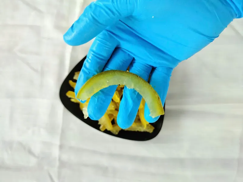 Gloved hand holding a fresh green pomelo peel strip above a plate of dried pomelo peel.